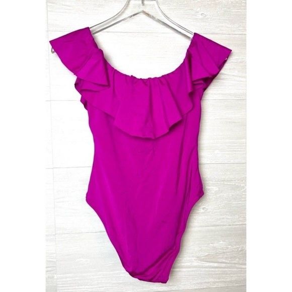 SOLD Trina Turk Pink Monaco Solids Off The Shoulder Ruffle One Piece Swimsuit - Picture 11 of 15